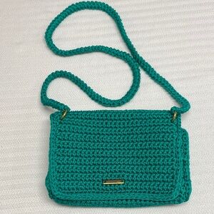 Crossbody Purse Boho Artisan Festival Handmade Crochet Teal Green Gold-Tone